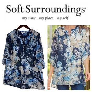 Soft Surroundings Danica Large 12 14 Top Tunic Shirt Blouse Floral Sheer Blue